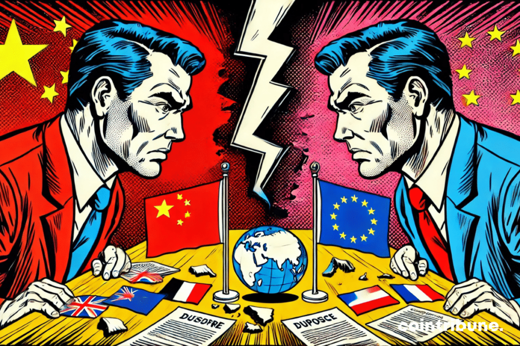 Dos negociadores representando a China y Europa frente a frente en un clima de tensión.