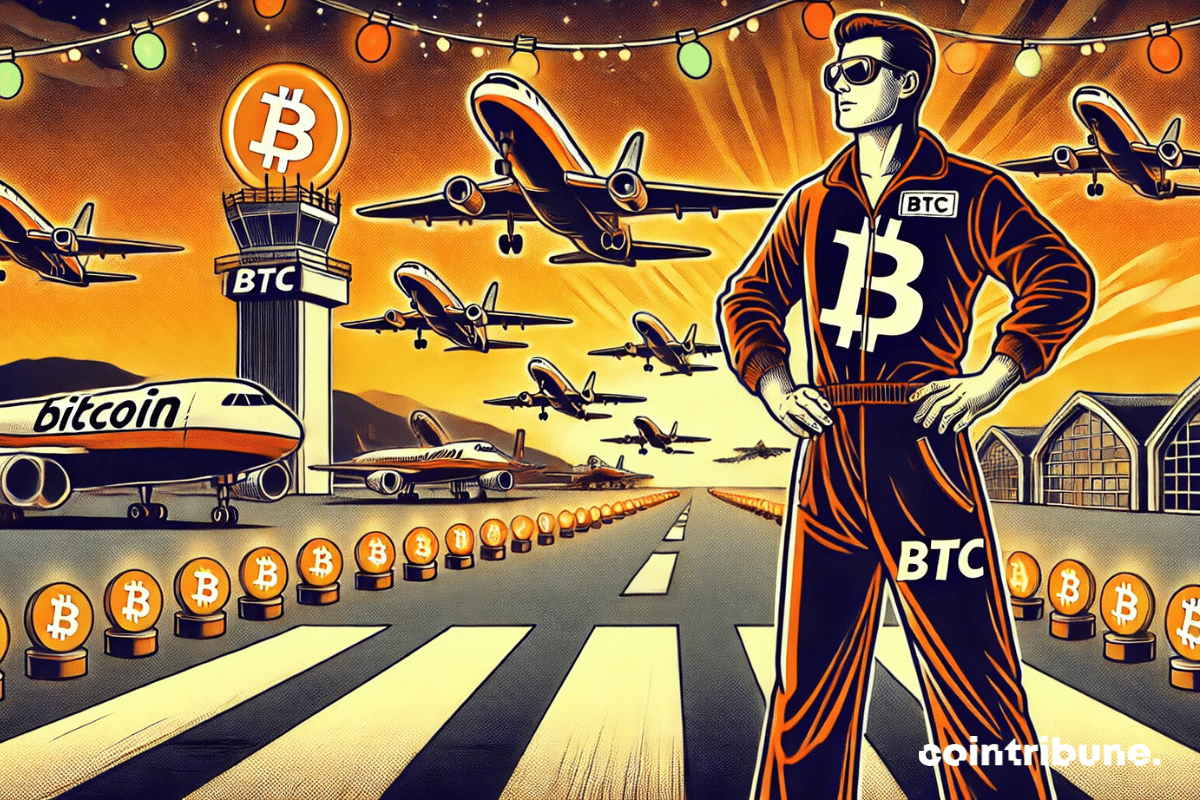 Un hombre con un traje con el símbolo de Bitcoin de pie en una pista de aterrizaje, rodeado de aviones marcados con "Bitcoin" y luces brillantes en forma de Bitcoin bajo un cielo dorado.