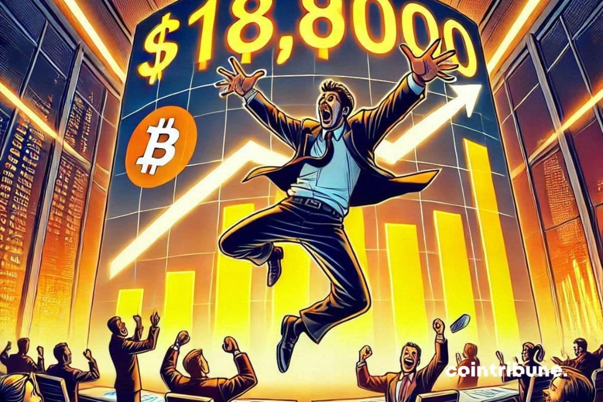 Un eufórico operador saltando de alegría en una sala de negociación de bitcoins, con una pantalla gigante que muestra 118.000 dólares.
