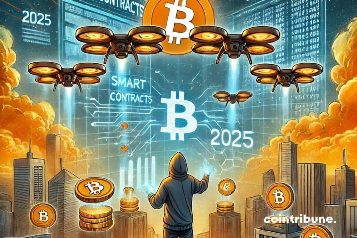 Un desarrollador con capucha delante de una pantalla con 2025 escrito, cripto bitcoin a su alrededor