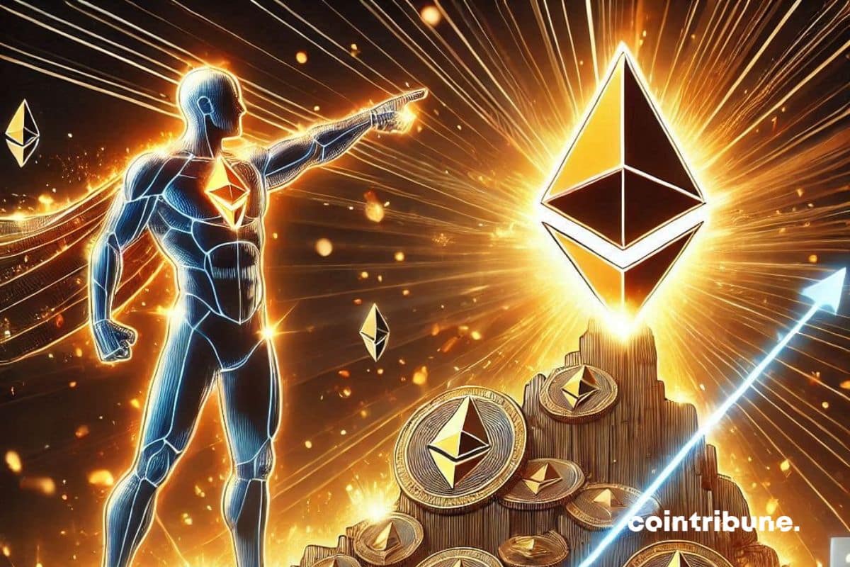 Una gigantesca montaña de cripto Ethereum iluminada por destellos de energía naranja. Una figura humana con atuendo futurista, señalando hacia la cima.