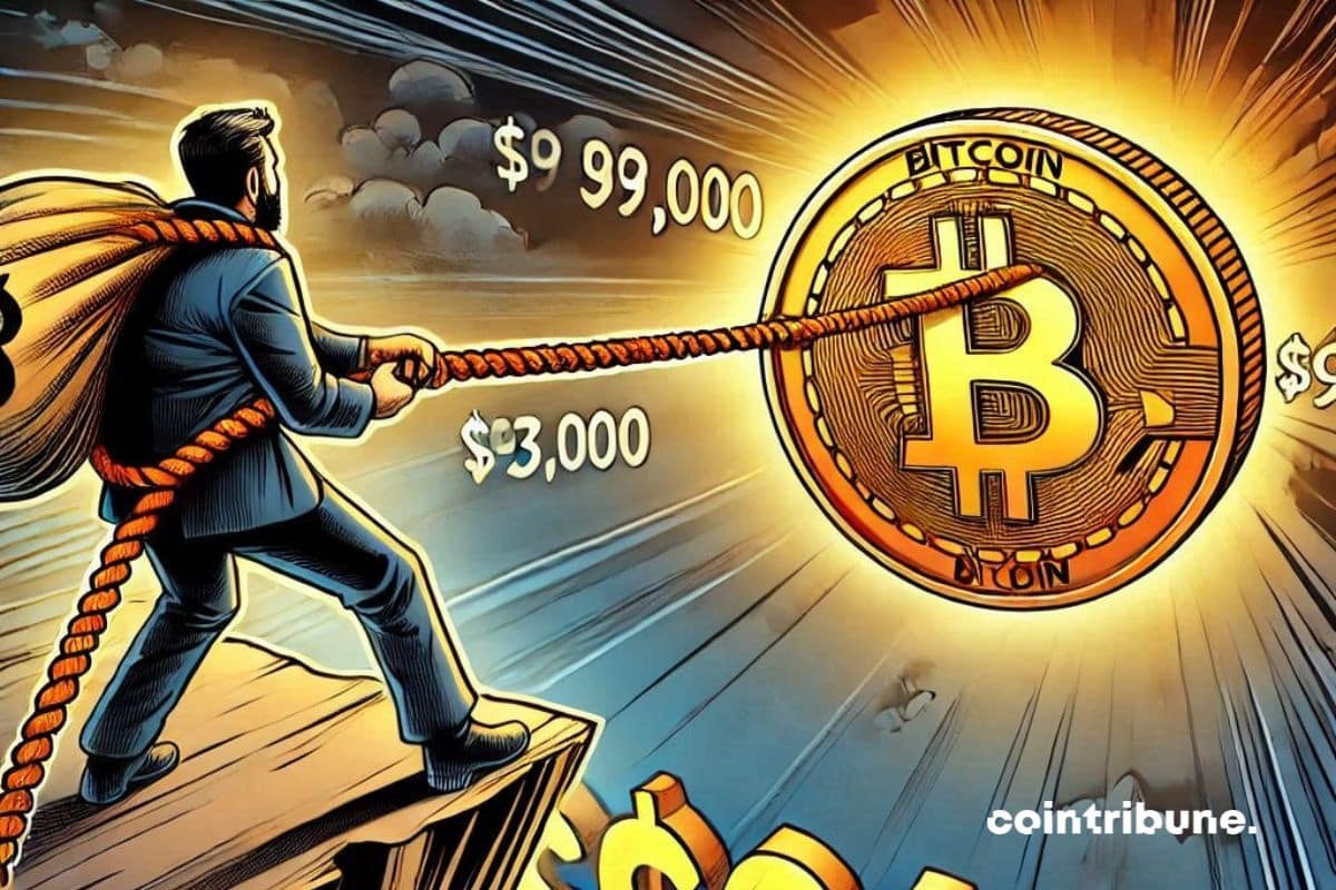 Un inversor colgado de una cuerda, tirando de un bitcoin luminoso
