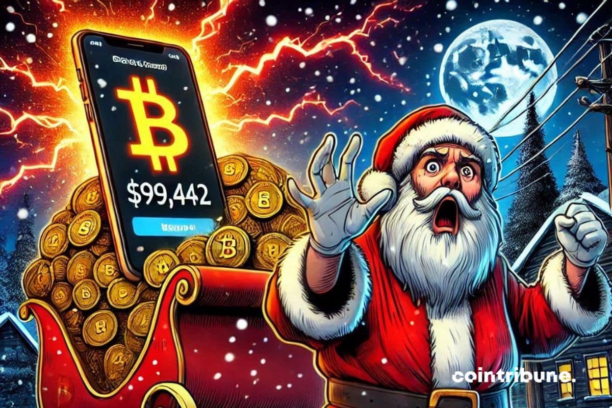 Una oscura calle nevada con el trineo de Papá Noel lleno de bitcoins, Papá Noel aterrorizado por la caída del BTC