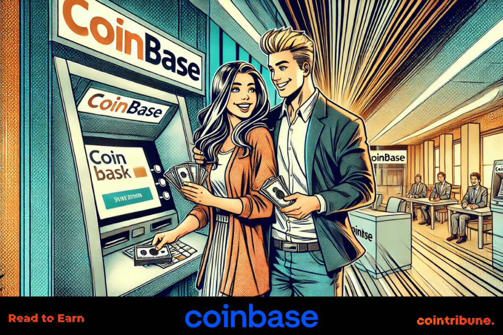 imagen que muestra a una pareja sacando dinero de un cajero Coinbase