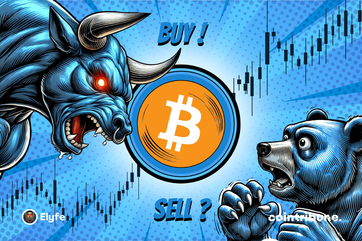 Bitcoin logo on a blue background with a bear and a blue bull with an expressive look on one side and a graph on the other.