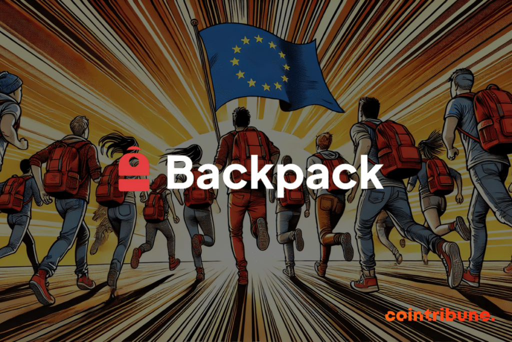 Un grupo de personas con mochilas rojas corre hacia una bandera de la Unión Europea ondeando, simbolizando la expansión e innovación en el espacio cripto. El logotipo de "Backpack" aparece destacado en el centro de la imagen.