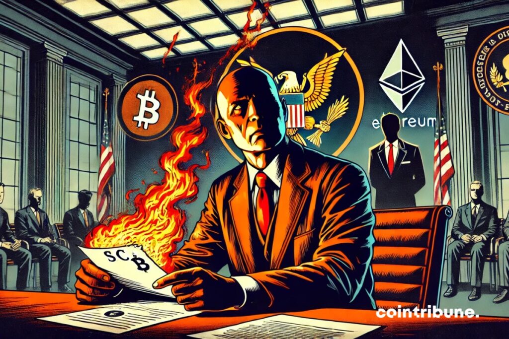 Gary gensler in his office at the SEC with a burning crypto document