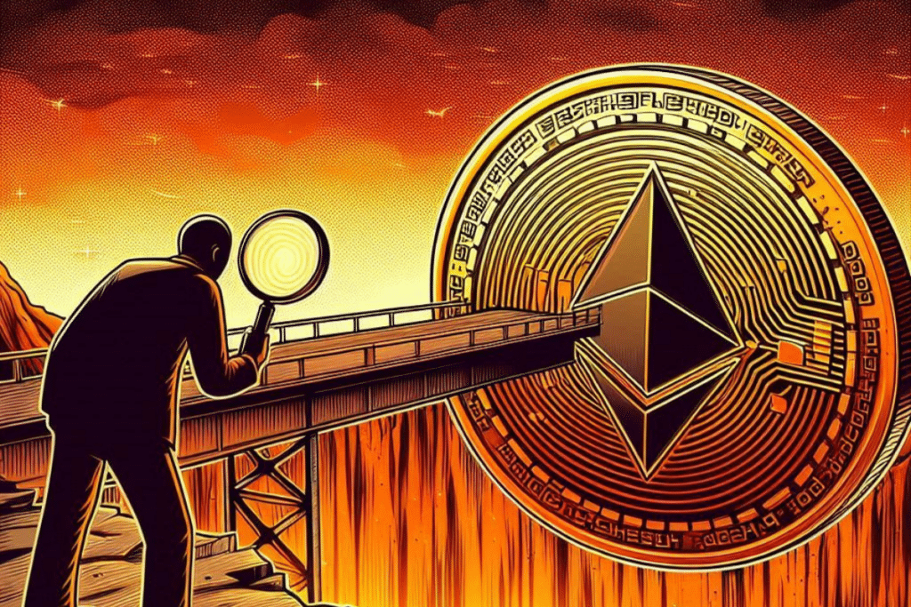 Moneda Ethereum cayendo y sujeta por un puente