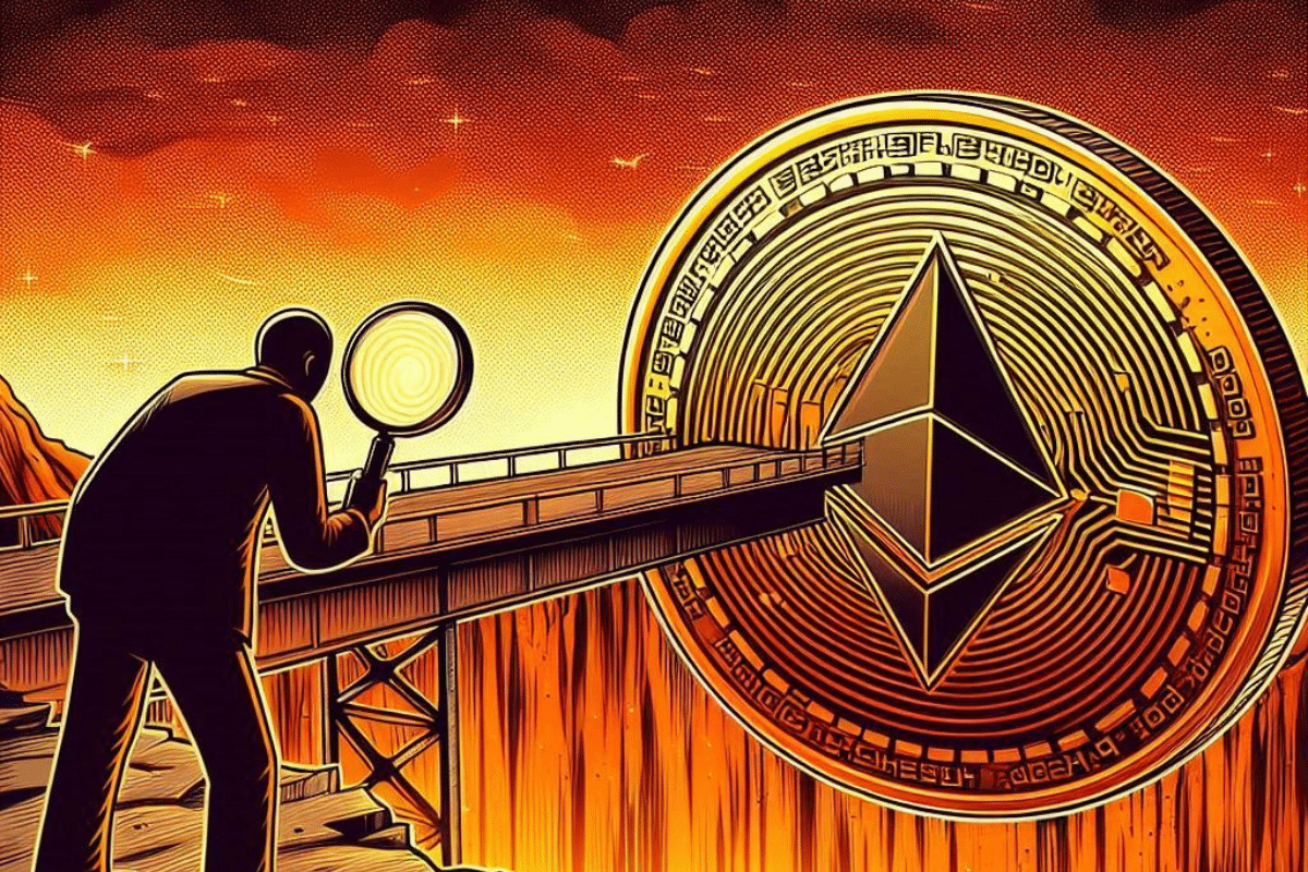 Moneda Ethereum cayendo y sujeta por un puente