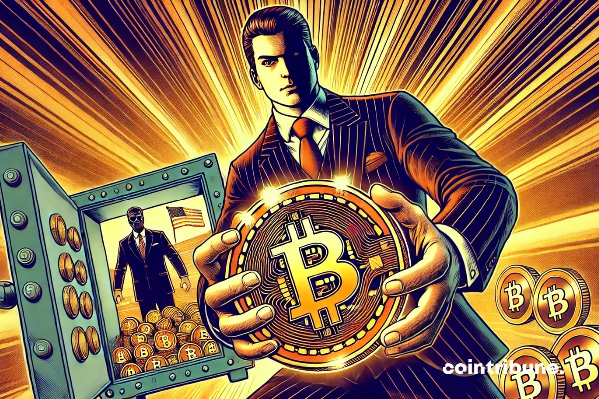 Un hombre que representa a Michael Saylor sosteniendo una gran moneda de Bitcoin, con la sombra del gobierno de EE.UU. detrás de él.