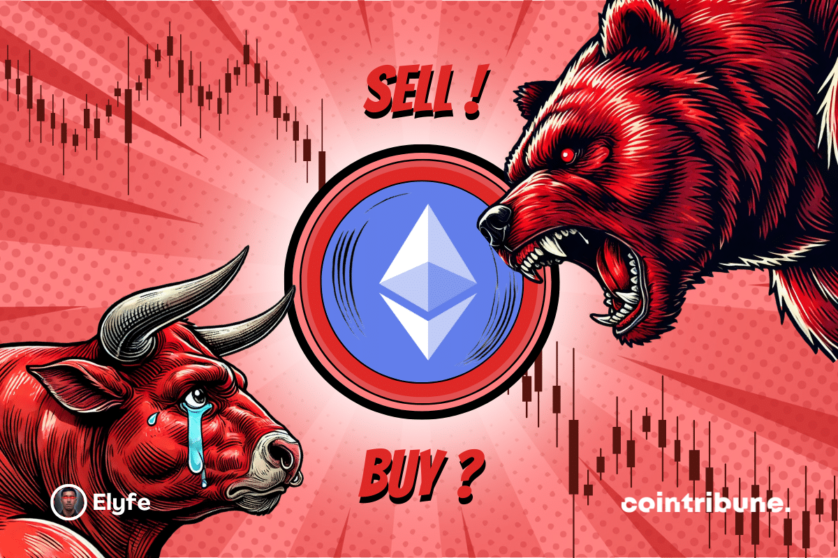 Logotipo da ETH em um fundo azul ou vermelho, com um urso e um touro azul com olhos expressivos em ambos os lados. Um gráfico aparece em segundo plano.