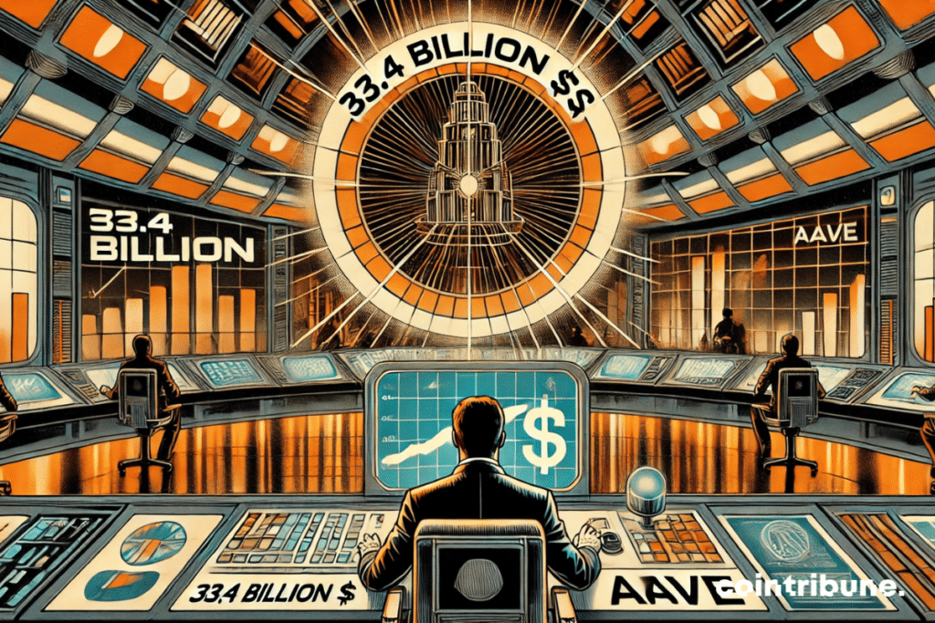Vista interior inmersiva de una sala de control de criptomonedas de alta tecnología, con un ángulo ligeramente inclinado para capturar la intensidad y modernidad de la escena. Las pantallas holográficas flotantes son dominantes y muestran en grande '33,4 mil millones $' y el logo de Aave.