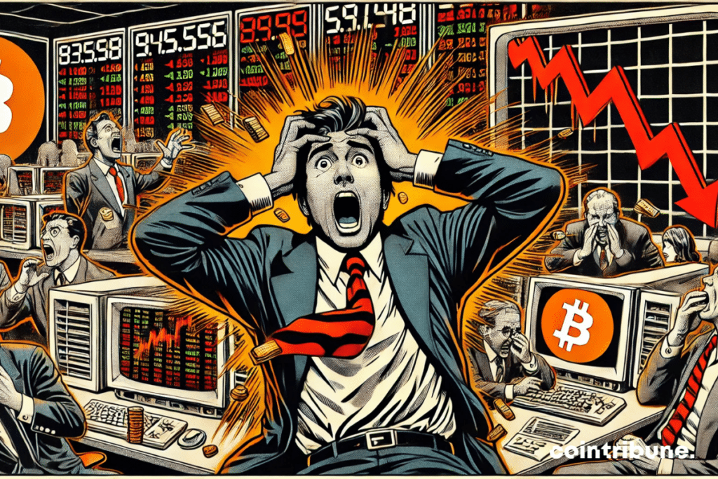 A trader in a suit and tie, his face tense with anxiety, hands gripping his head, eyes wide open staring at his screen.