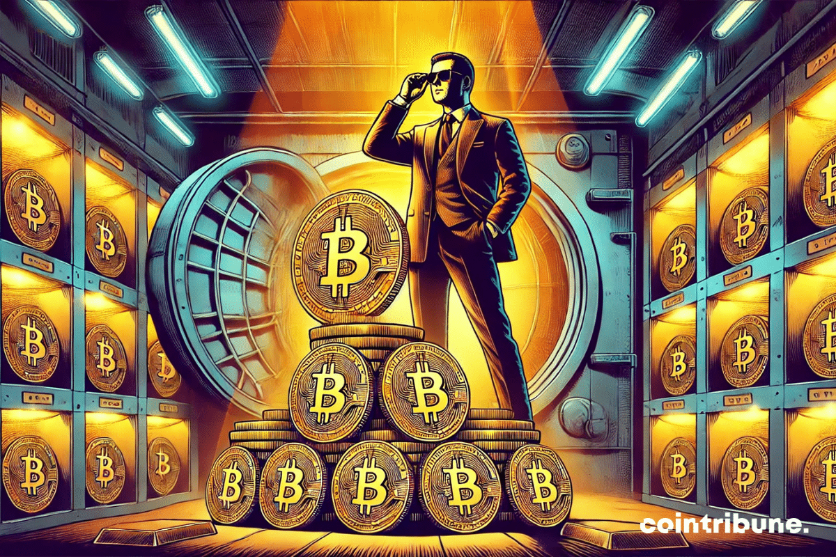 La caja fuerte llena de bitcoins y el político confiado permanecen en el centro de la composición, con una atmósfera más misteriosa y estratégica, reforzada por un fondo oscuro.