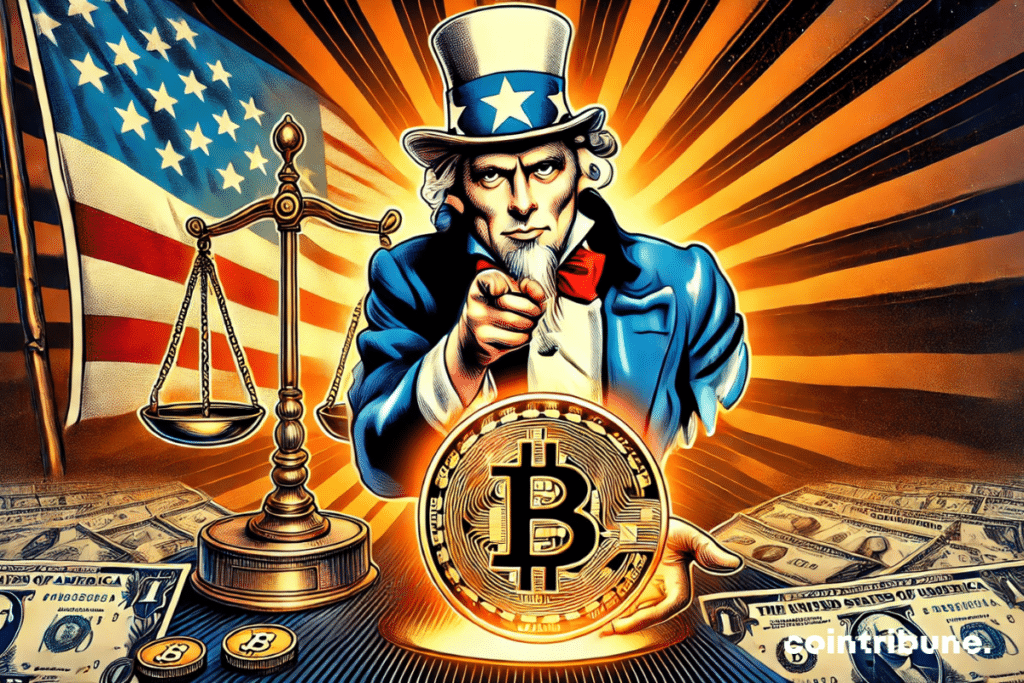 Un plano medio mostrando un Bitcoin perfectamente integrado en el sello del dólar estadounidense, destacando la idea de un vínculo estrecho entre la criptomoneda y la economía de EE. UU., en particular la inflación.