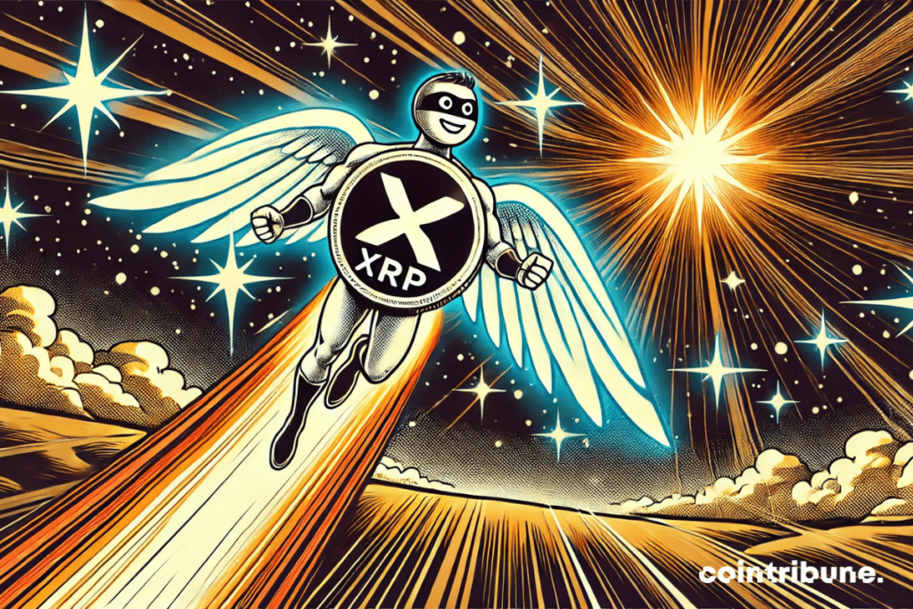 La moneda XRP antropomórfica volando heroicamente hacia una estrella brillante, simbolizando su éxito notable en el mercado cripto.
