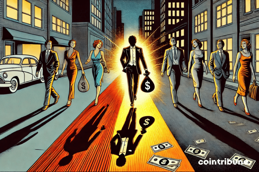 A wealthy character walking on a luxurious carpet and modest individuals on a shaded sidewalk, symbolizing wealth in France.