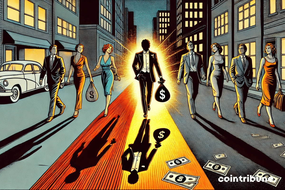 A wealthy character walking on a luxurious carpet and modest individuals on a shaded sidewalk, symbolizing wealth in France.
