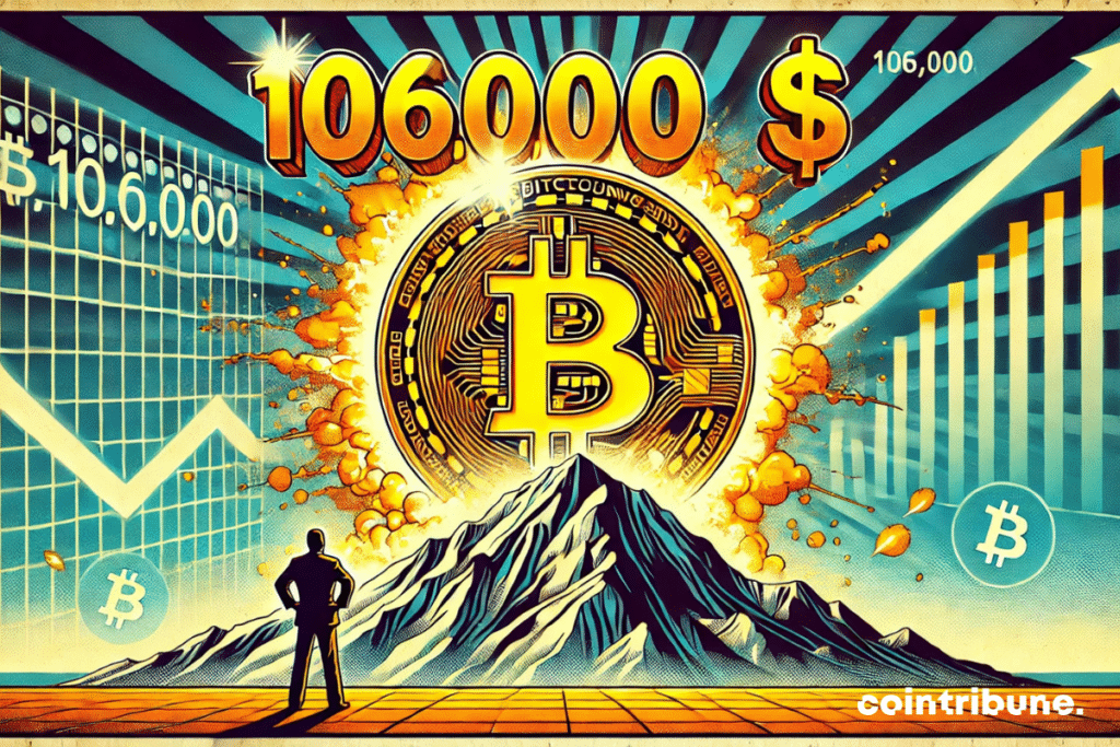Un personaje (que simboliza a Trump) observando una montaña en cuya cima se encuentra una moneda de Bitcoin, brillante.