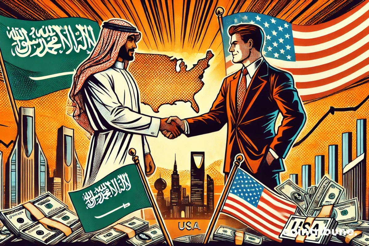 A symbolic handshake between a man in traditional Saudi attire and a man in an American suit, symbolizing the collaboration between Saudi Arabia and the United States.