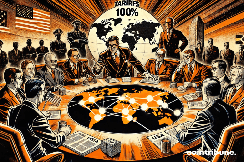 An international negotiation scene: an American representative points to a document marked 'Tariffs 100%', while symbolic leaders display a map with trade routes. In the background, stacks of dollars add an economic element to the tension.