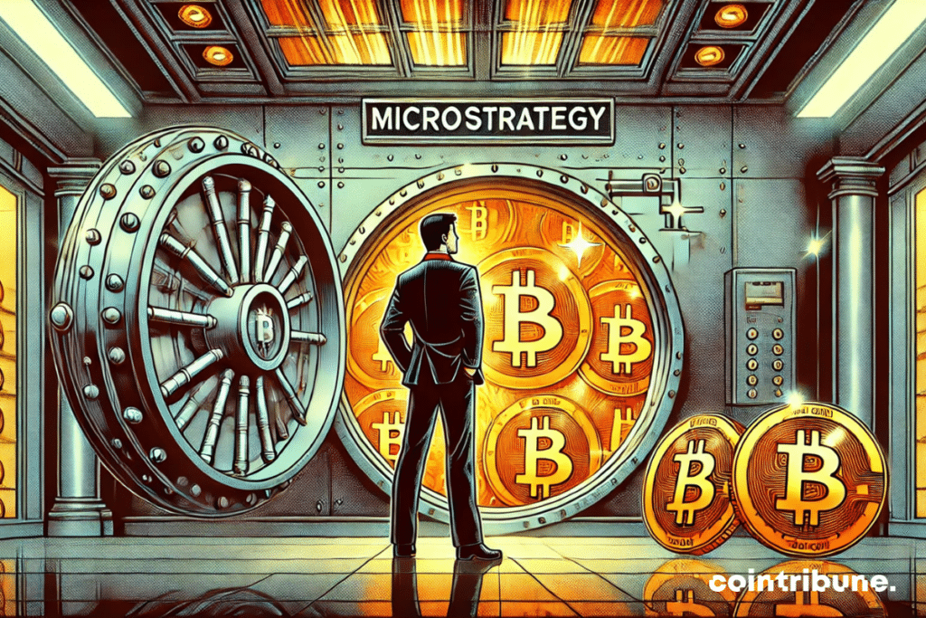 Una gran caja fuerte grabada con 'MicroStrategy', llena de Bitcoins, y un hombre en traje en su interior.