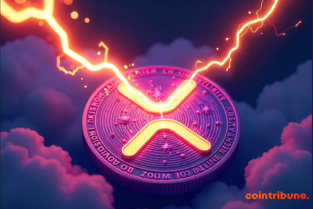 Ilustración de un rayo golpeando un símbolo de token XRP morado que parece una moneda desde el suelo. En la base del rayo hay un gran símbolo de bitcoin en 3D. Haz que la ilustración sea dinámica y el símbolo XRP realista, parecido al logotipo del token XRP real.