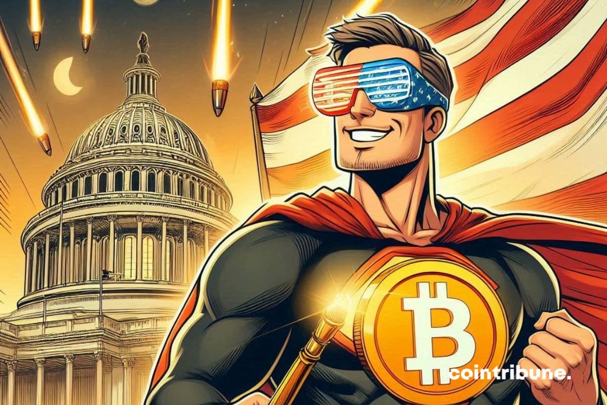 Un cripto superhéroe con el símbolo de Bitcoin frente al capitolio de Estados Unidos
