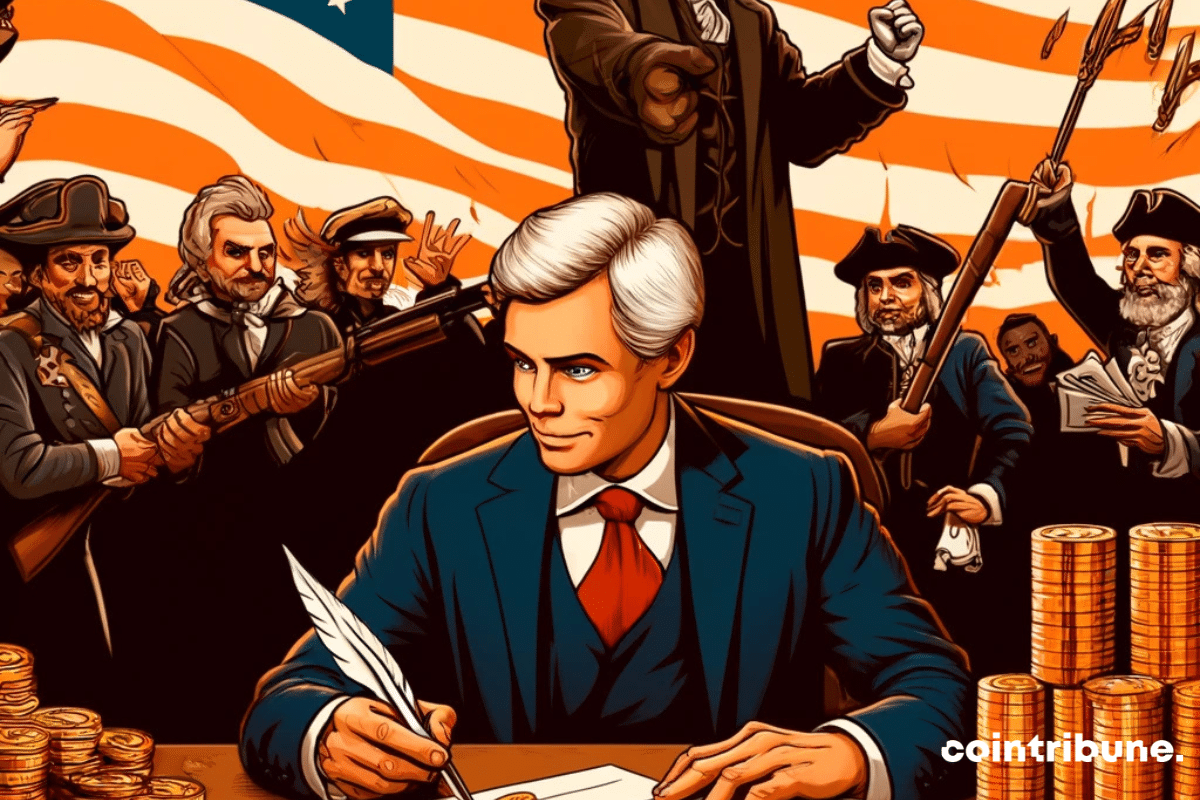Representación de un presidente firmando decretos de criptomonedas.
