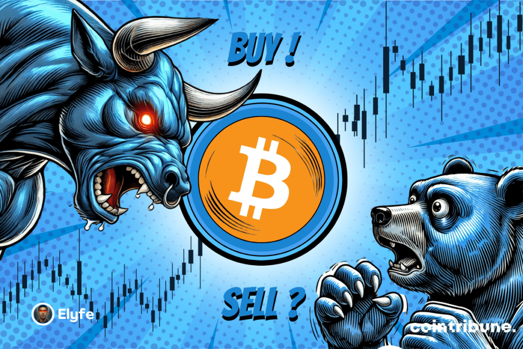 Logo de la BTC sur fond bleu ou rouge, avec de part et d'autre un ours et un taureau bleus à l'air expressif. Un graphique apparaît en arrière-plan.