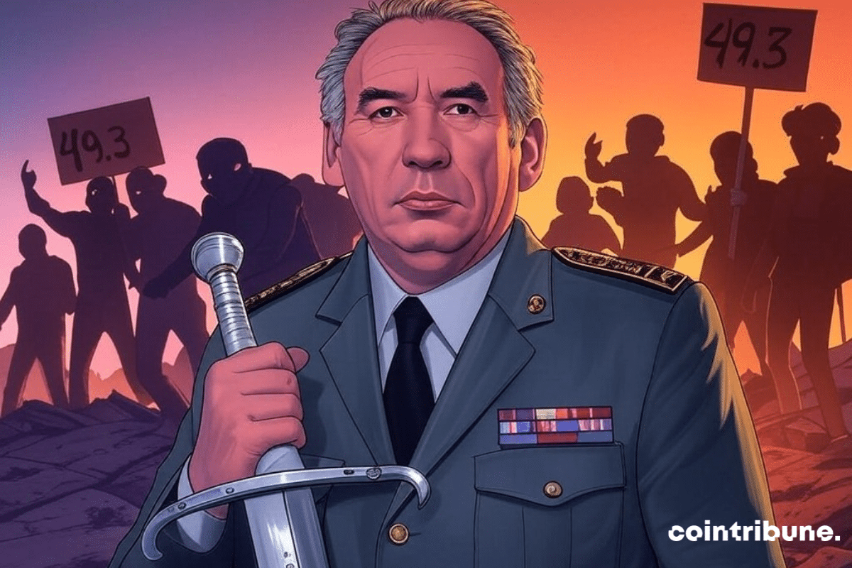 François Bayrou disguised as a general holding a saber and surrounded by people brandishing 43.2 signs.