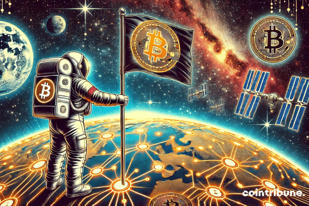 Cosmonauta plantando una bandera de Bitcoin en la Cumbre de la Tierra