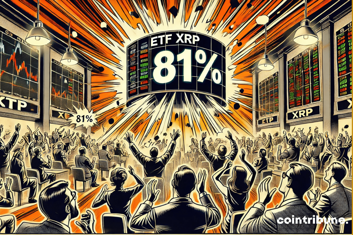 Crypto : the trading floor is buzzing, with screens displaying '81%' and the palpable excitement of traders, symbolizing the request for XRP ETF approval.