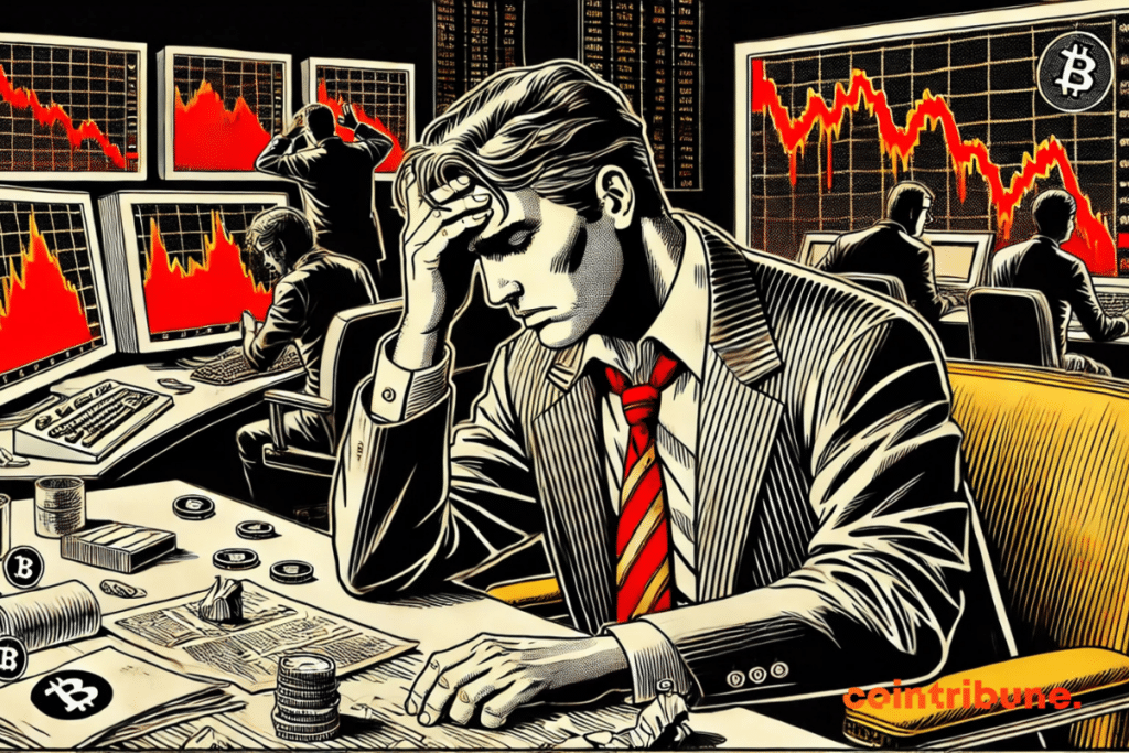 The dramatic atmosphere of the crypto crash with an anxious trader.