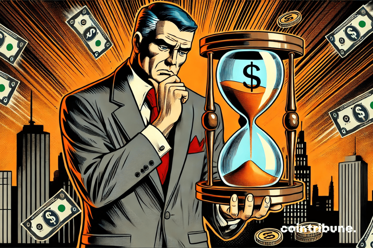 A worried businessman (Buffett) holding an hourglass where banknotes and coins flow instead of sand.