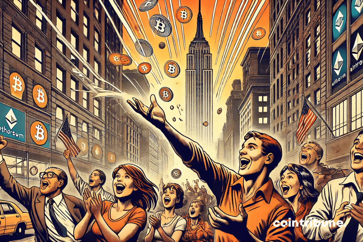 A euphoric scene in New York under a rain of cryptos, symbolizing the beginning of the altseason for altcoins!