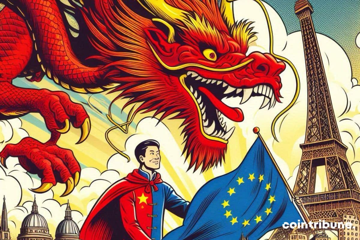 Un dragon avec un représentant chinois et un drapeau européen