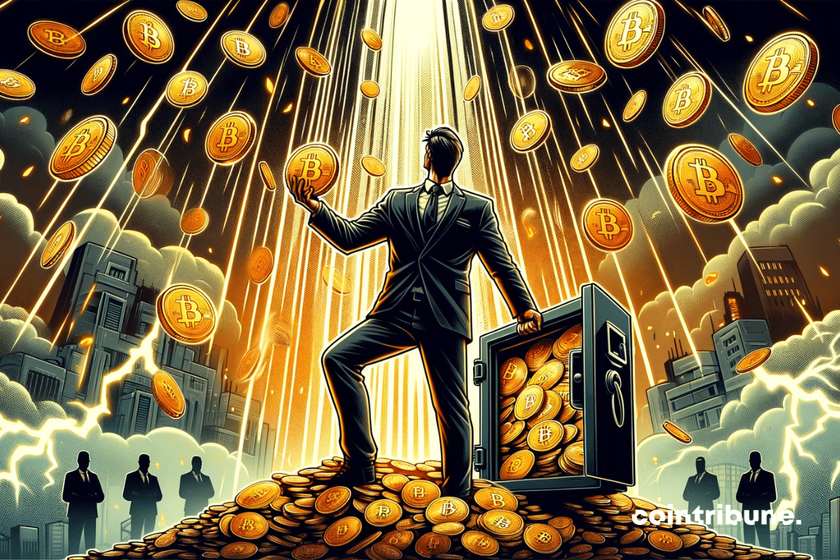 A massive figure in a dark suit depicting Strategy holding a huge stack of Bitcoin coins
