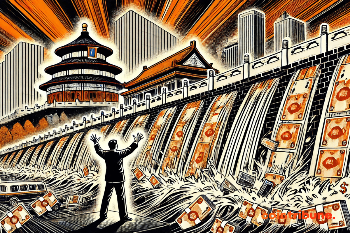 A wall of banknotes blocks a wave of financial collapse, with a Chinese official trying to contain it.