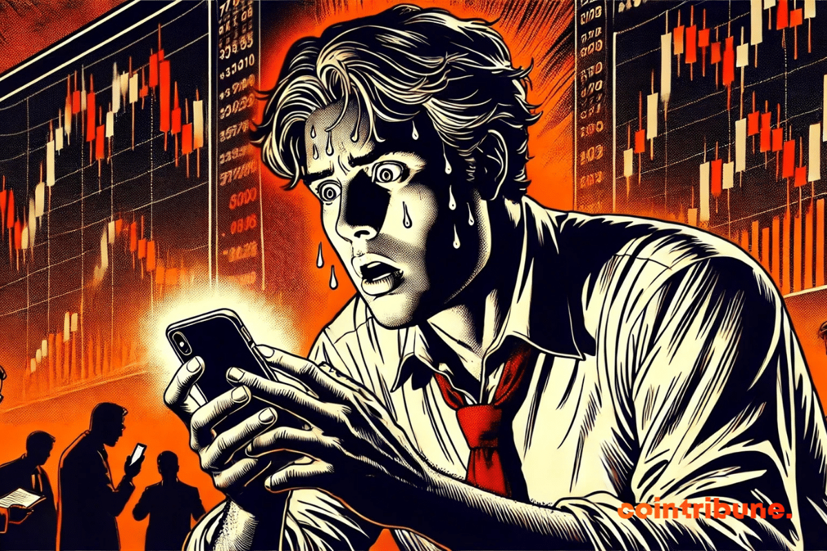 A panicked trader, sweating, stares at his phone in shock as the market charts behind him show a sudden collapse.