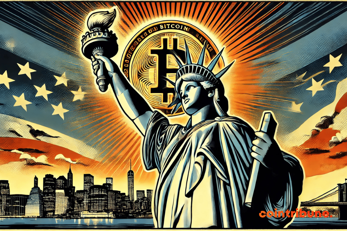 Illustration de la Statue de la Liberté brandissant un Bitcoin à la place de la torche