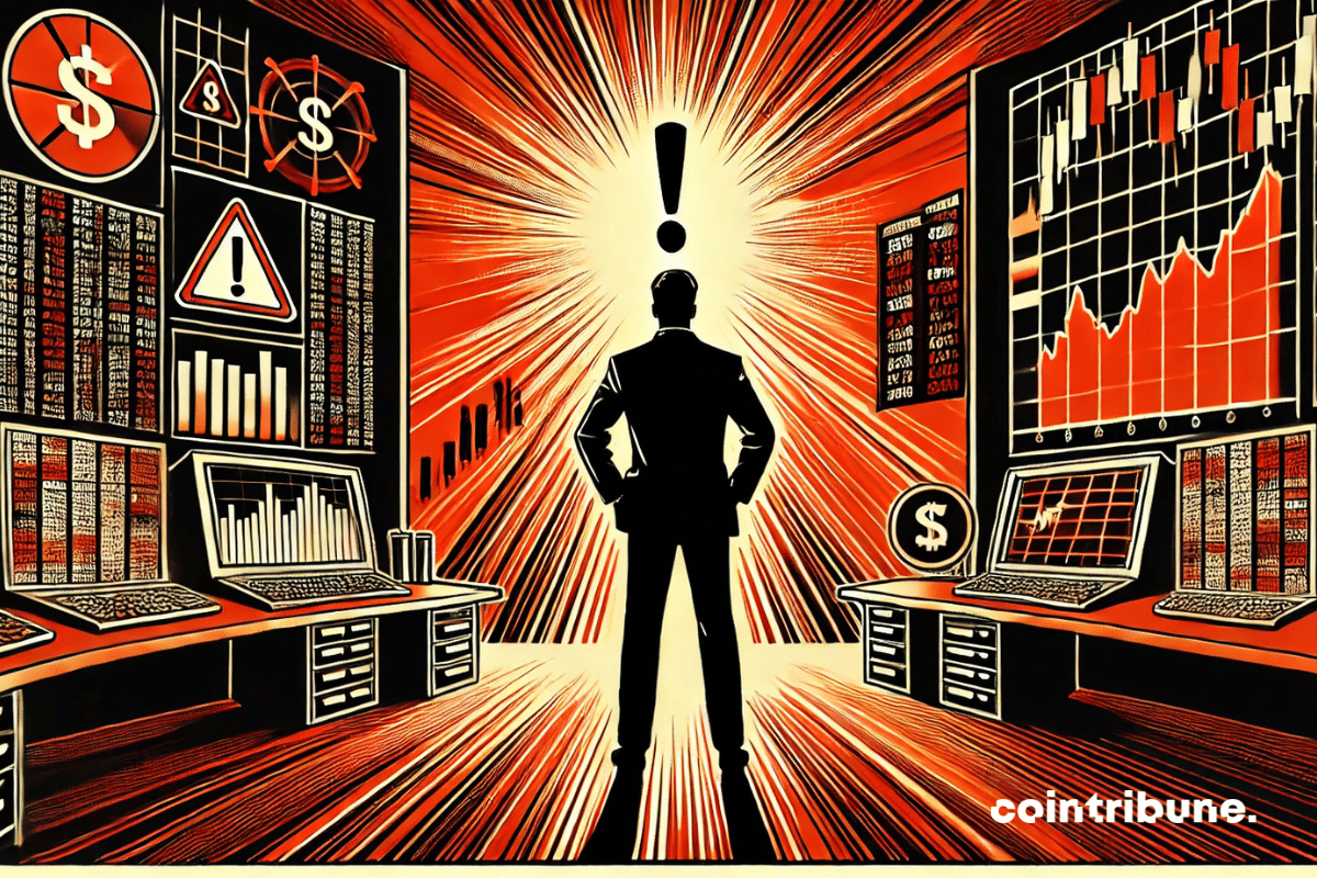 Una silueta de un analista de Bitcoin frente a una enorme pantalla roja que muestra un símbolo de alerta.
