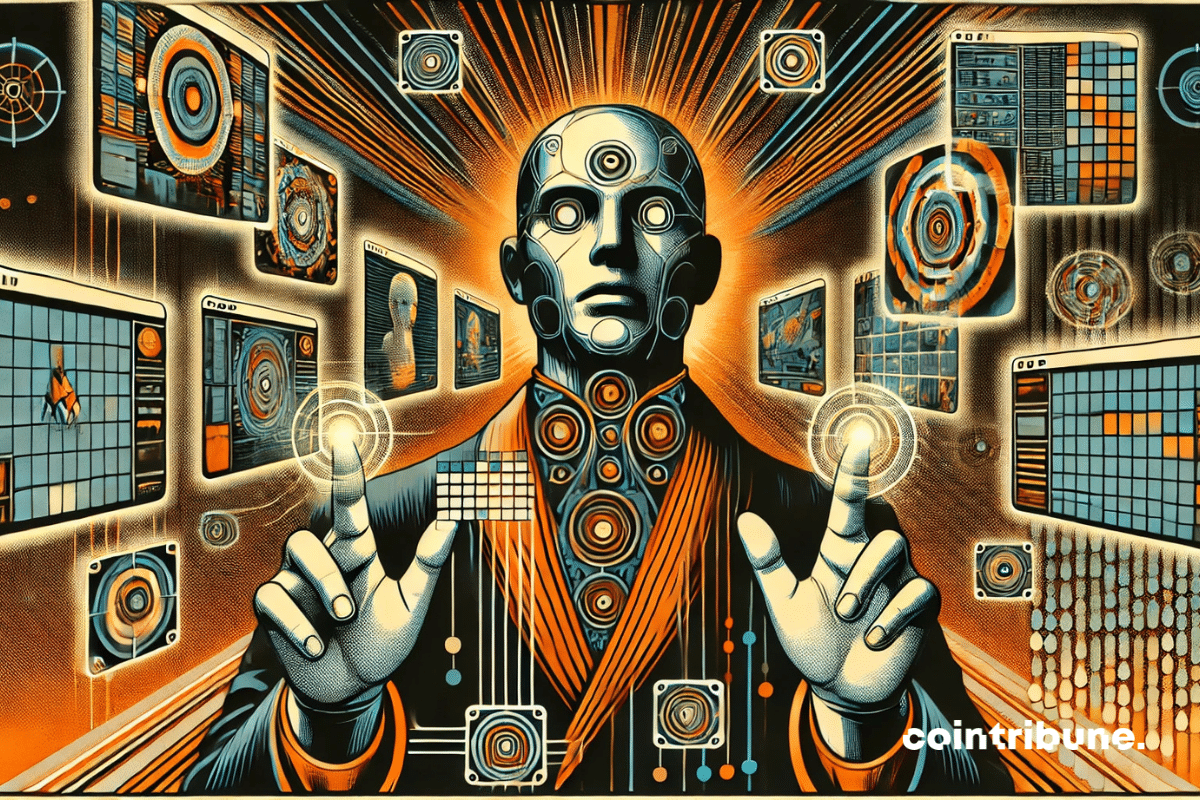 Un humanoïde numérique manipule des écrans holographiques, symbolisant l’intelligence et la connectivité de cette nouvelle ère technologique.
