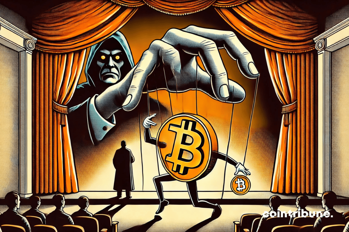 illustration représentant BlackRock en marionnettiste contrôlant un Bitcoin.