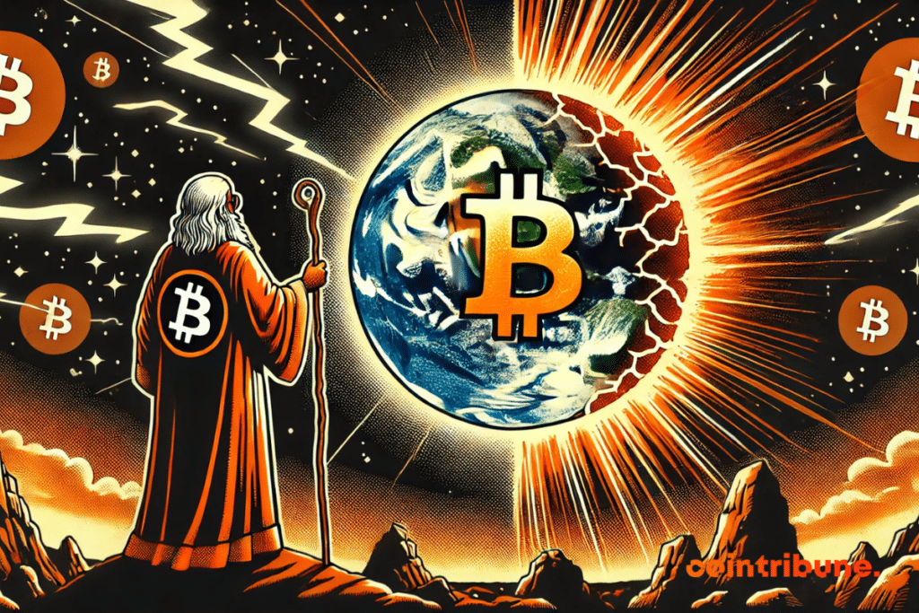 La Tierra en metamorfosis — mitad dólar agrietado, mitad Bitcoin brillante y un viejo sabio
