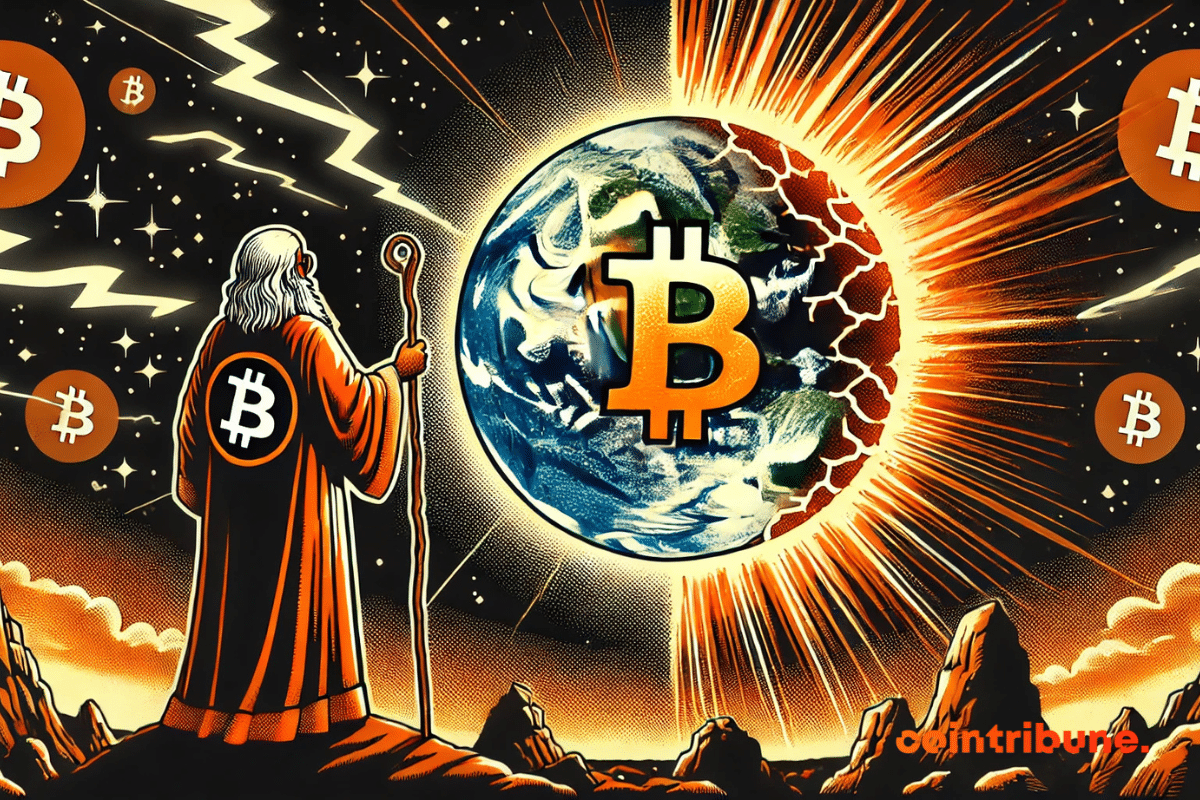 La Tierra en metamorfosis — mitad dólar agrietado, mitad Bitcoin brillante y un viejo sabio