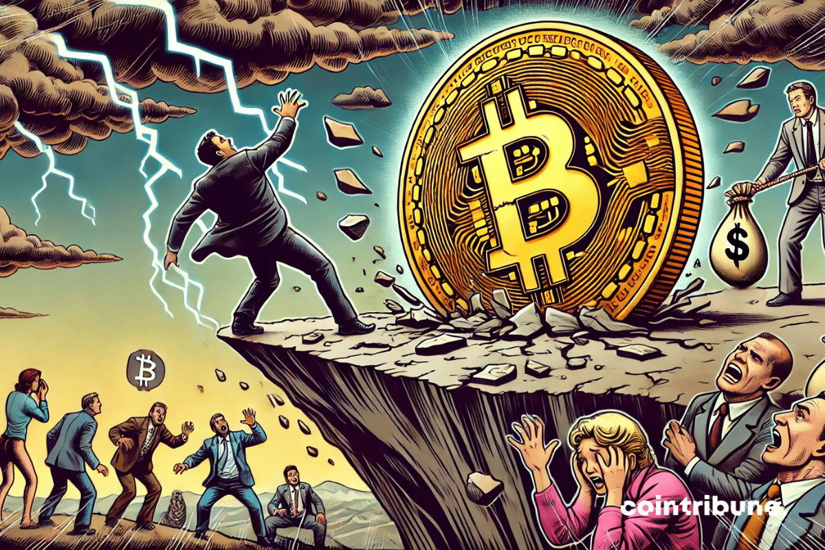 Illustration de la tension avec le Bitcoin fissuré au bord de la falaise