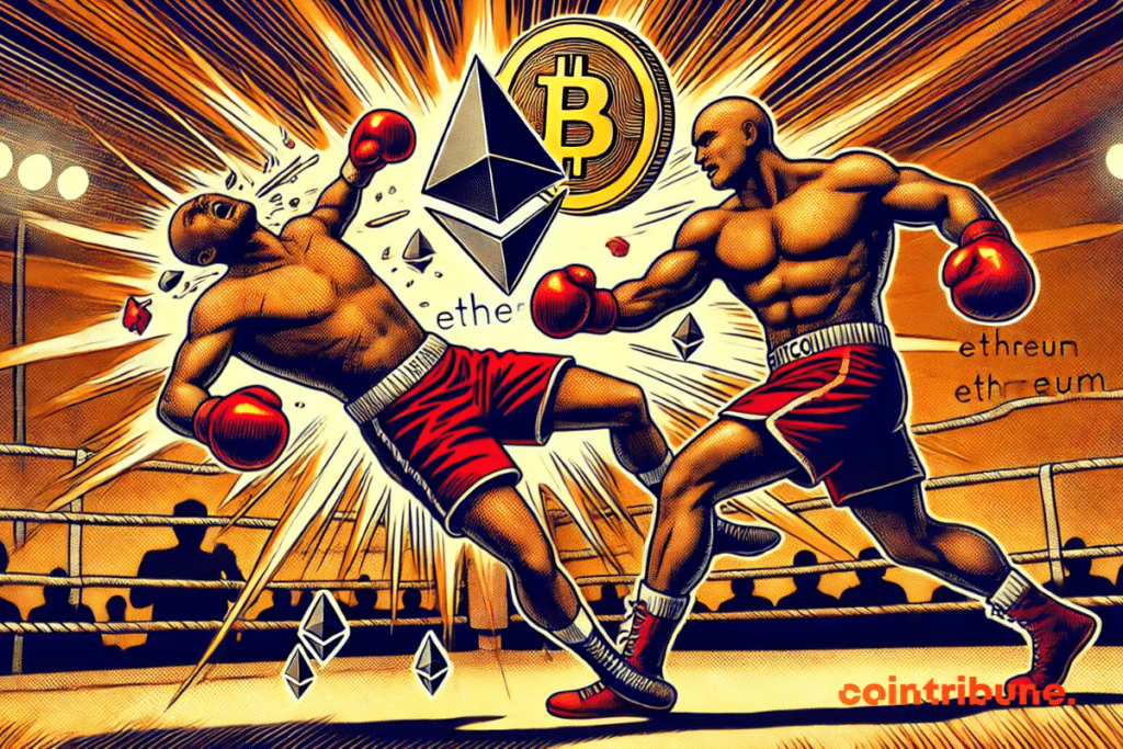 Illustration d'un duel intense où bitcoin domine Ethereum