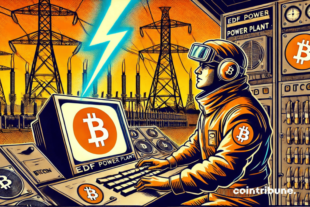 Un ingeniero de EDF supervisando una enorme computadora conectada a máquinas de minería de Bitcoin.