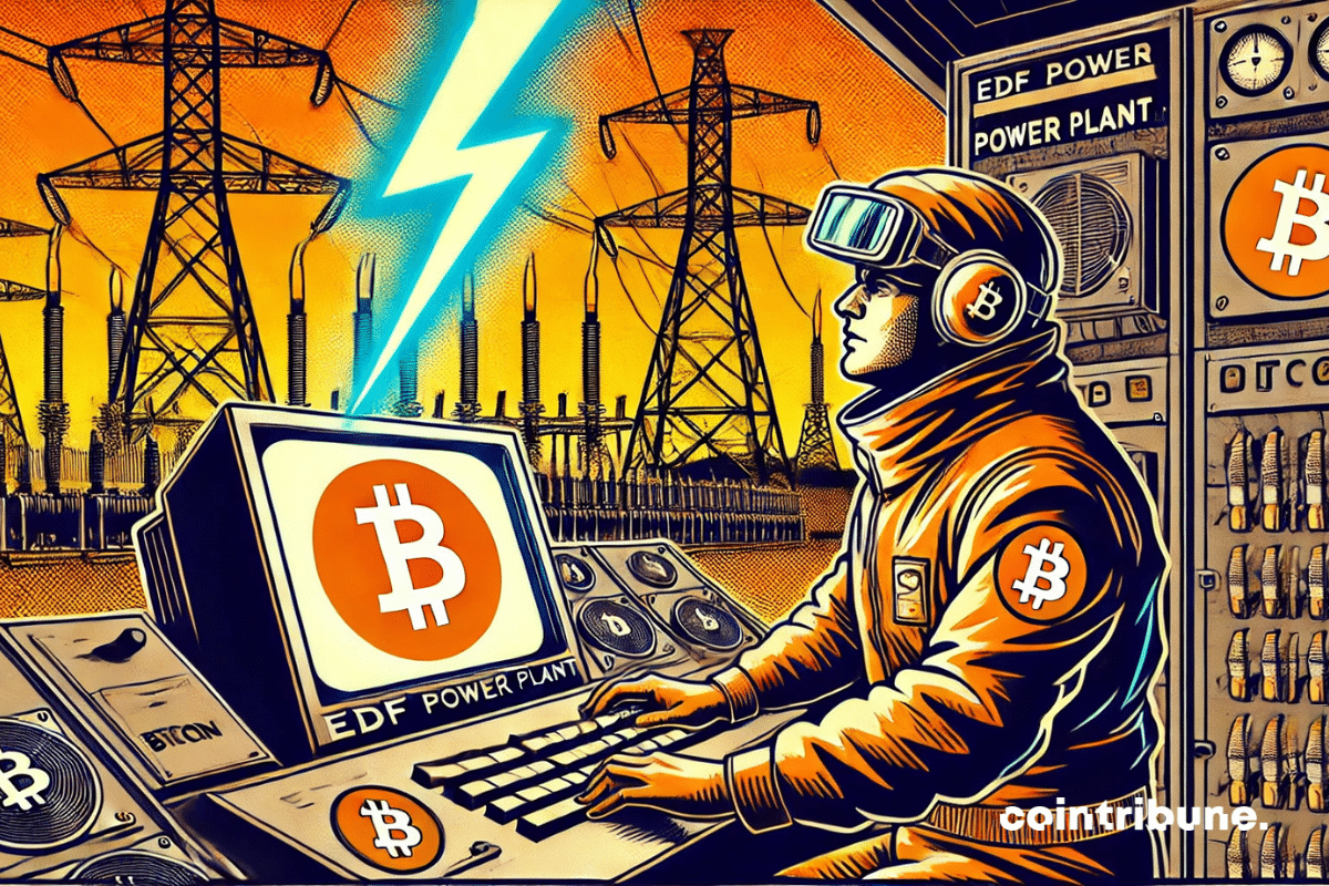 Un ingeniero de EDF supervisando una enorme computadora conectada a máquinas de minería de Bitcoin.